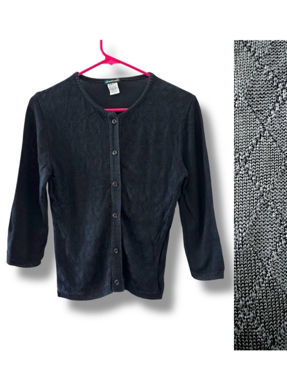 Vintage Y2K Black Argyle 3/4 Sleeve Cardigan Women’s Size Medium Preppy Fall
